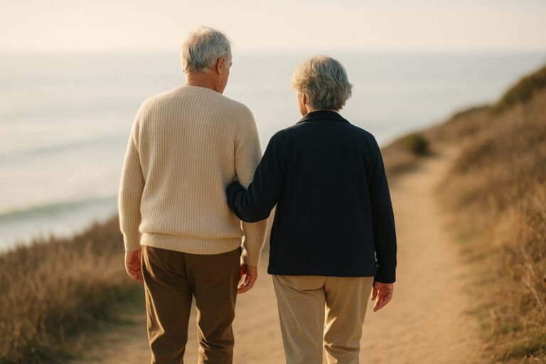 Older couple walking a coastal trail above the ocean in morning light