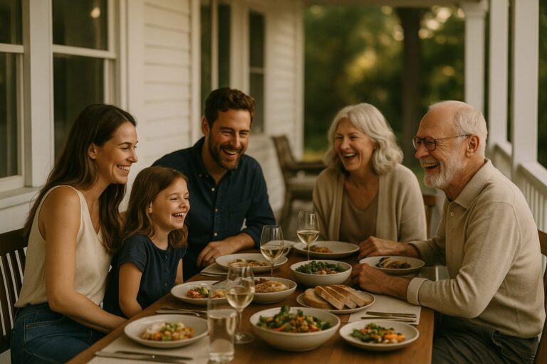 Three generations of a family laughing over a summer meal on a porch