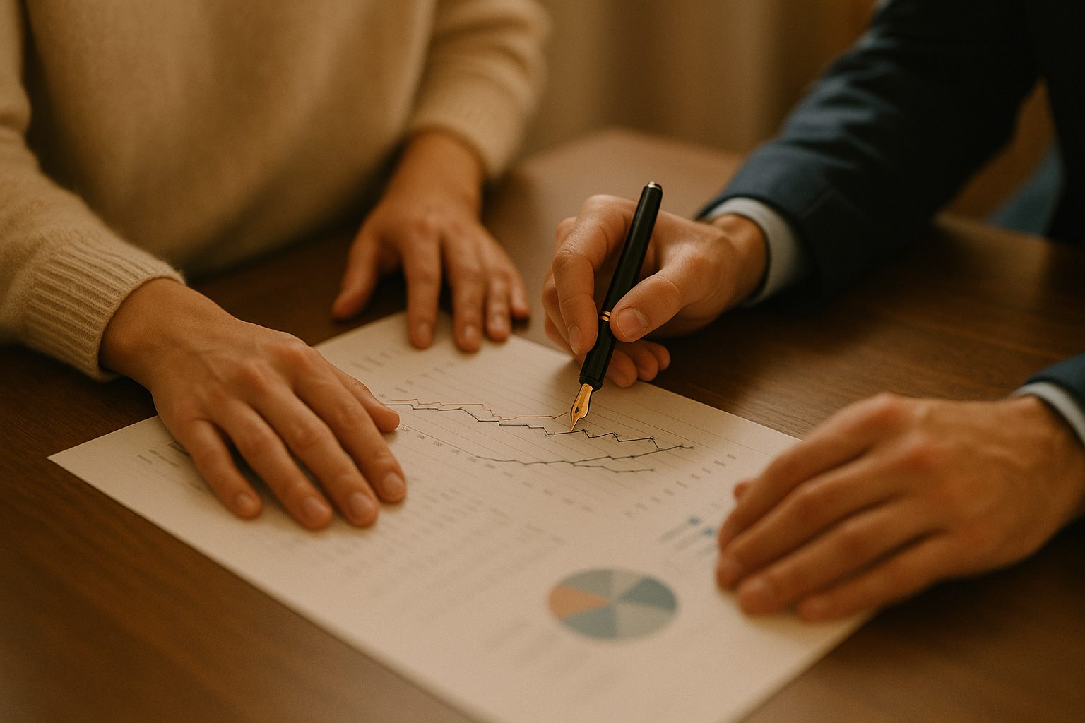 Two people reviewing a printed financial plan with a fountain pen