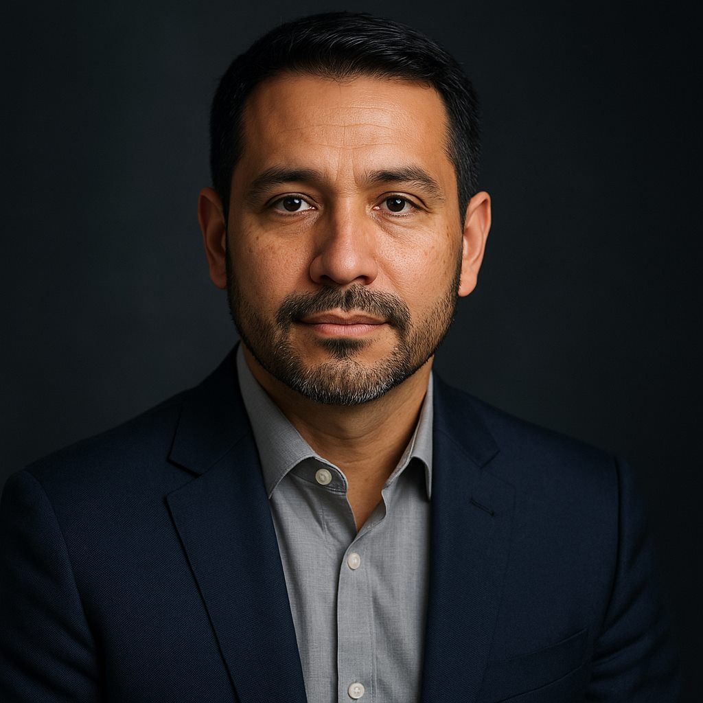 Andre Castillo in a navy suit and grey shirt against a dark studio backdrop