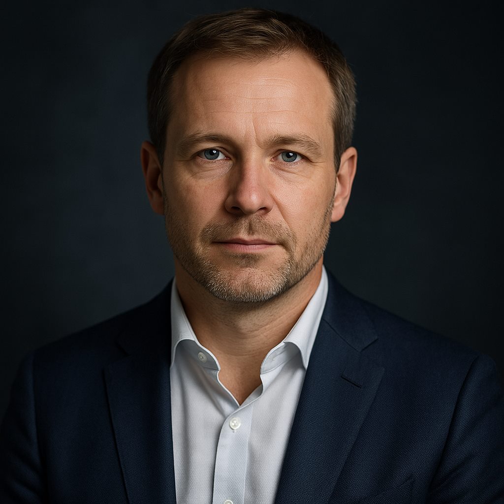 Daniel Kerr in a navy blazer and open-collar shirt against a dark studio backdrop