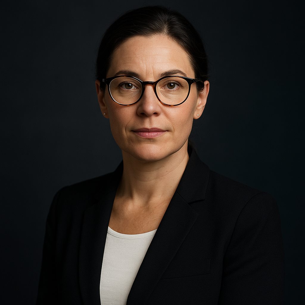 Elena Voss in tortoiseshell glasses and a black blazer against a dark studio backdrop