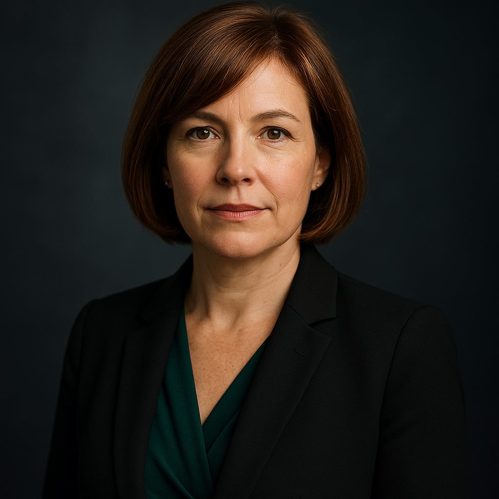 Grace Holloway with an auburn bob in a green top and black blazer against a dark studio backdrop