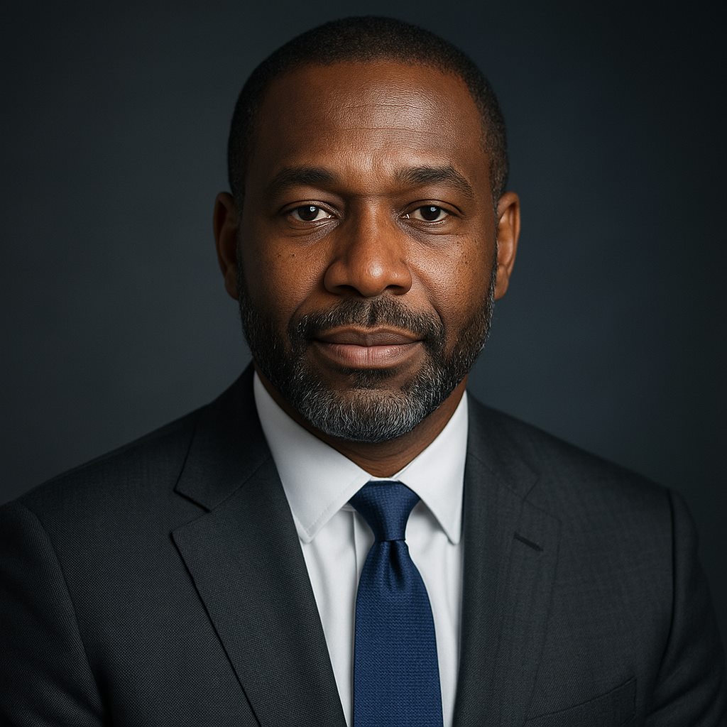 Marcus Oyelaran in a charcoal suit and blue tie against a dark studio backdrop