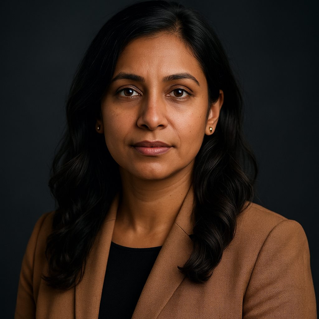 Priya Raman in a camel blazer against a dark studio backdrop