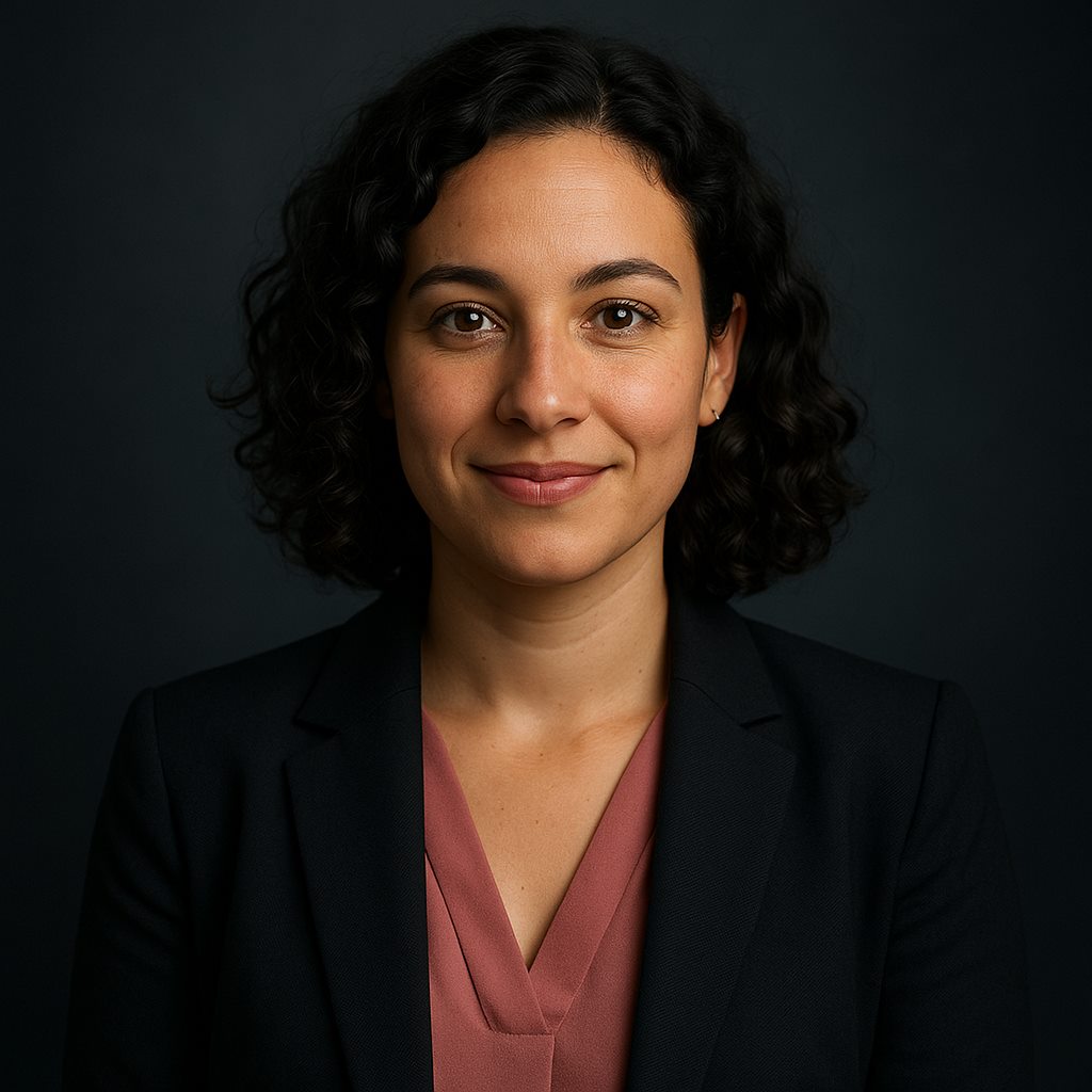 Sofia Marchetti in a rose blouse and dark blazer against a dark studio backdrop