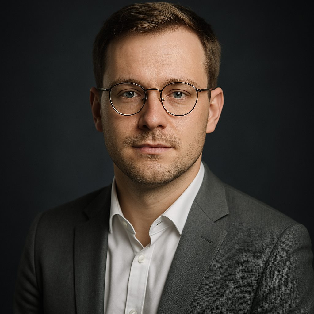 Theo Brandt in wire-rimmed glasses and a grey suit against a dark studio backdrop